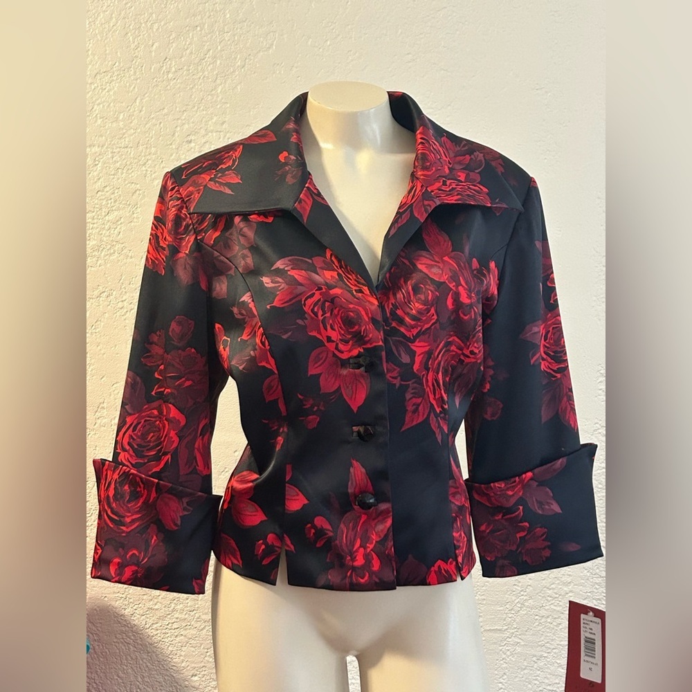 JS COLLECTION Black Red Floral Tailored Fit blazer Sz 12 NWT